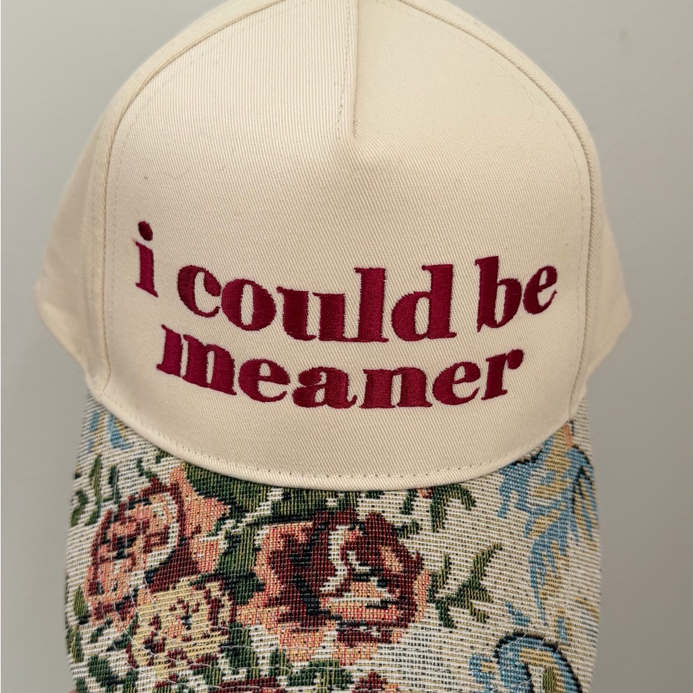 Embroidered 'i could be meaner' Cream Cap with Floral Tapestry Brim